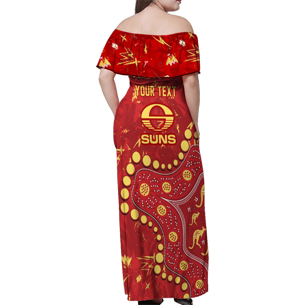 Personalized Gold Coast Suns Family Matching Off Shoulder Maxi Dress and Hawaiian Shirt Aboriginal Pattern with Graffiti Style