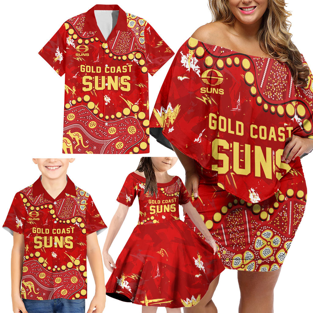 Personalized Gold Coast Suns Family Matching Off Shoulder Short Dress and Hawaiian Shirt Aboriginal Pattern with Graffiti Style