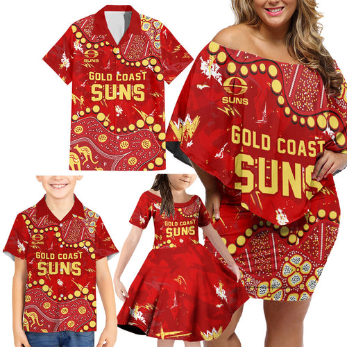 Personalized Gold Coast Suns Family Matching Off Shoulder Short Dress and Hawaiian Shirt Aboriginal Pattern with Graffiti Style