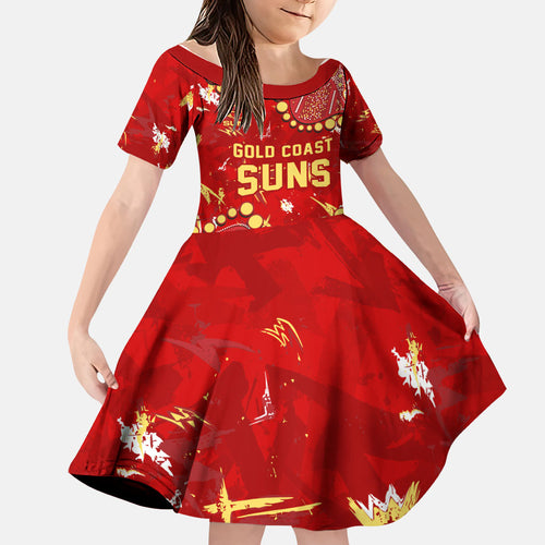 Personalized Gold Coast Suns Family Matching Off Shoulder Short Dress and Hawaiian Shirt Aboriginal Pattern with Graffiti Style