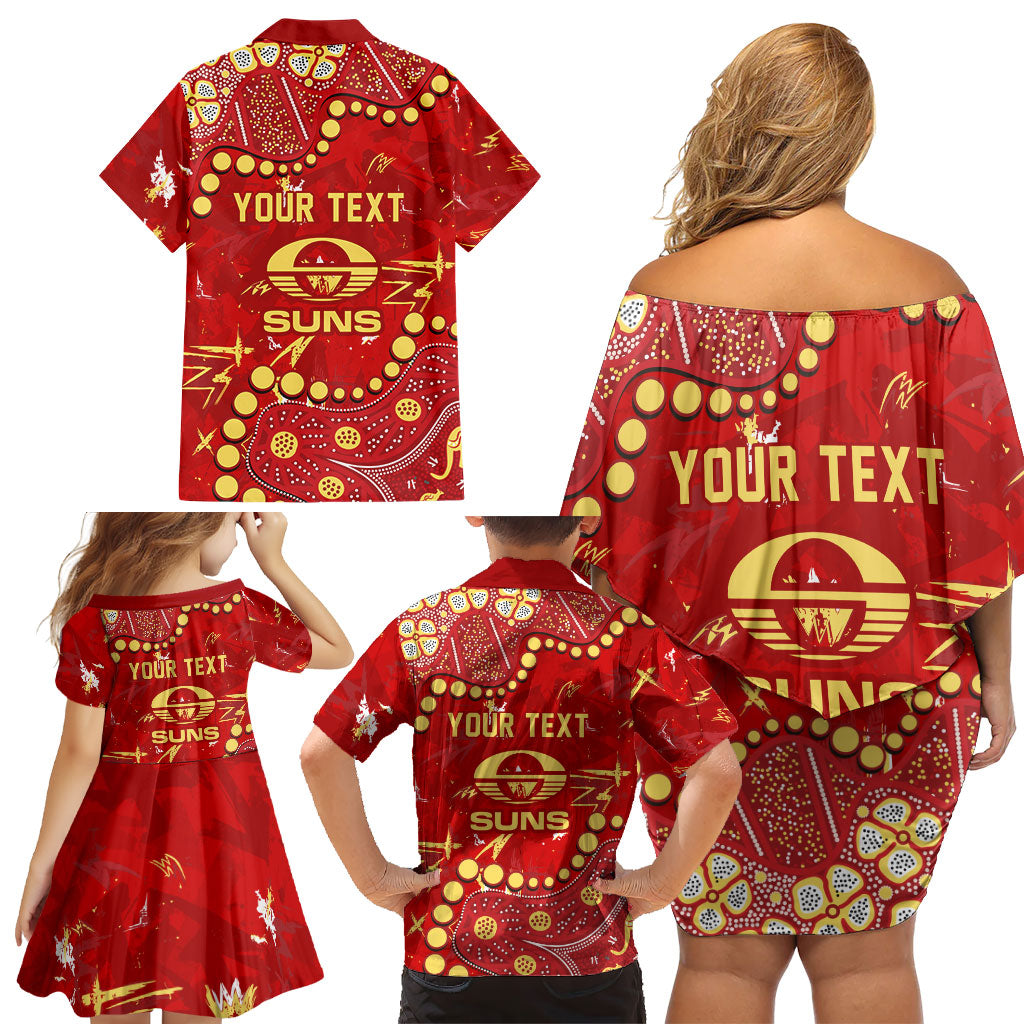 Personalized Gold Coast Suns Family Matching Off Shoulder Short Dress and Hawaiian Shirt Aboriginal Pattern with Graffiti Style