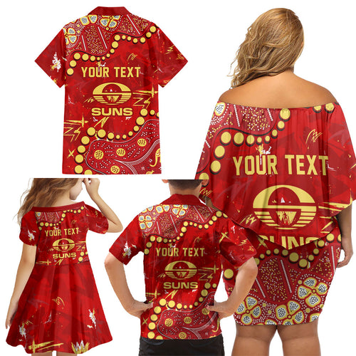 Personalized Gold Coast Suns Family Matching Off Shoulder Short Dress and Hawaiian Shirt Aboriginal Pattern with Graffiti Style