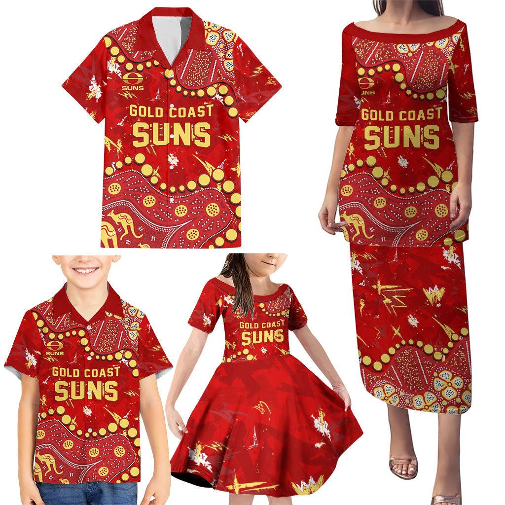 Personalized Gold Coast Suns Family Matching Puletasi and Hawaiian Shirt Aboriginal Pattern with Graffiti Style