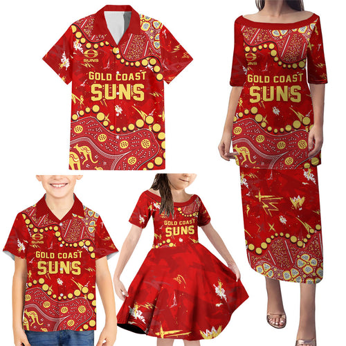 Personalized Gold Coast Suns Family Matching Puletasi and Hawaiian Shirt Aboriginal Pattern with Graffiti Style