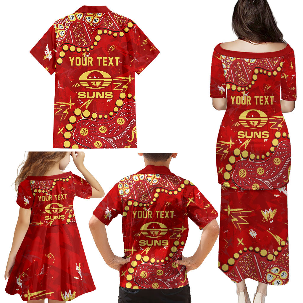 Personalized Gold Coast Suns Family Matching Puletasi and Hawaiian Shirt Aboriginal Pattern with Graffiti Style