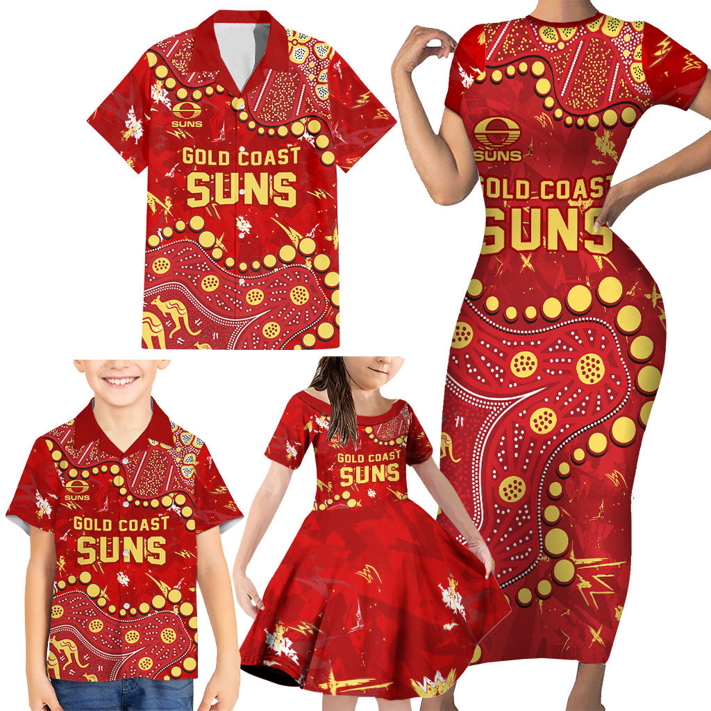 Personalized Gold Coast Suns Family Matching Short Sleeve Bodycon Dress and Hawaiian Shirt Aboriginal Pattern with Graffiti Style