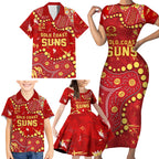 Personalized Gold Coast Suns Family Matching Short Sleeve Bodycon Dress and Hawaiian Shirt Aboriginal Pattern with Graffiti Style