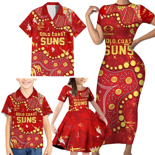 Personalized Gold Coast Suns Family Matching Short Sleeve Bodycon Dress and Hawaiian Shirt Aboriginal Pattern with Graffiti Style