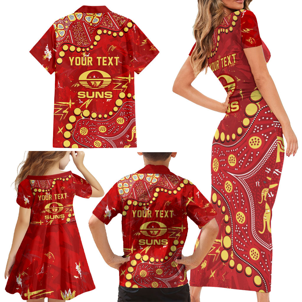 Personalized Gold Coast Suns Family Matching Short Sleeve Bodycon Dress and Hawaiian Shirt Aboriginal Pattern with Graffiti Style