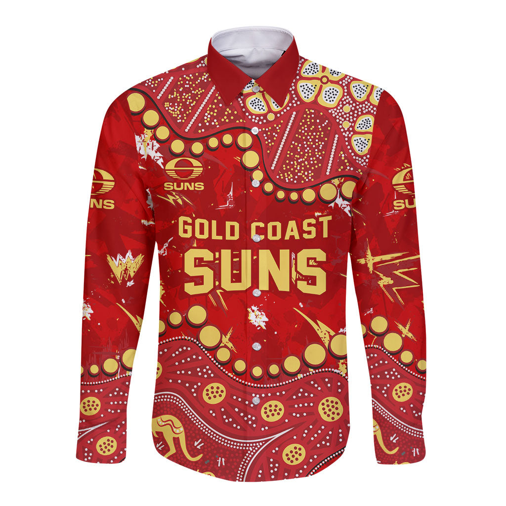 Personalized Gold Coast Suns Long Sleeve Button Shirt Aboriginal Pattern with Graffiti Style