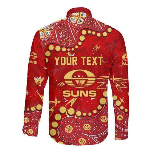 Personalized Gold Coast Suns Long Sleeve Button Shirt Aboriginal Pattern with Graffiti Style