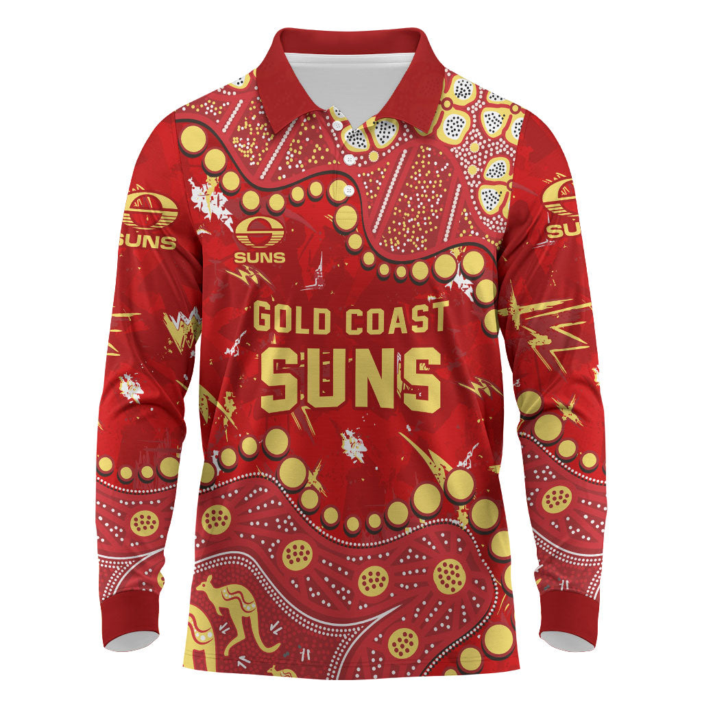 Personalized Gold Coast Suns Long Sleeve Polo Shirt Aboriginal Pattern with Graffiti Style