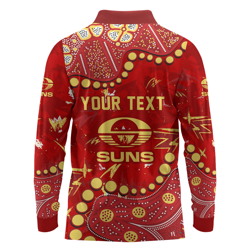 Personalized Gold Coast Suns Long Sleeve Polo Shirt Aboriginal Pattern with Graffiti Style