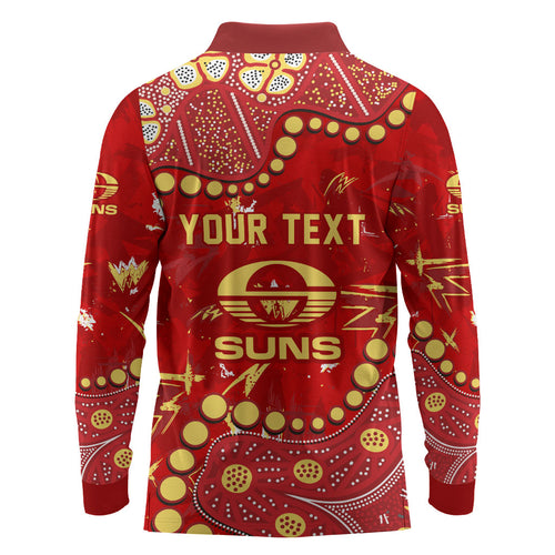 Personalized Gold Coast Suns Long Sleeve Polo Shirt Aboriginal Pattern with Graffiti Style