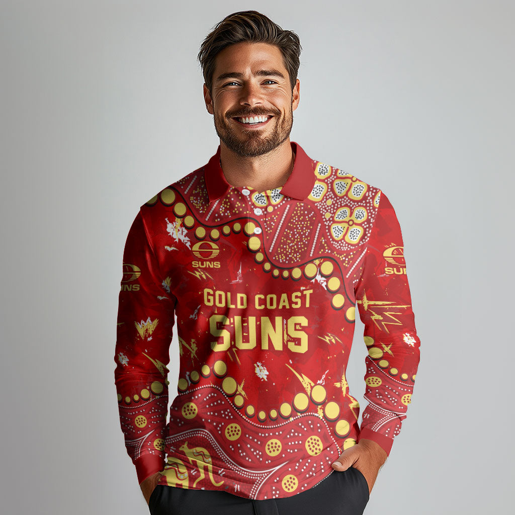 Personalized Gold Coast Suns Long Sleeve Polo Shirt Aboriginal Pattern with Graffiti Style