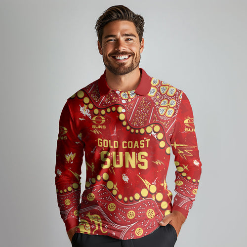 Personalized Gold Coast Suns Long Sleeve Polo Shirt Aboriginal Pattern with Graffiti Style