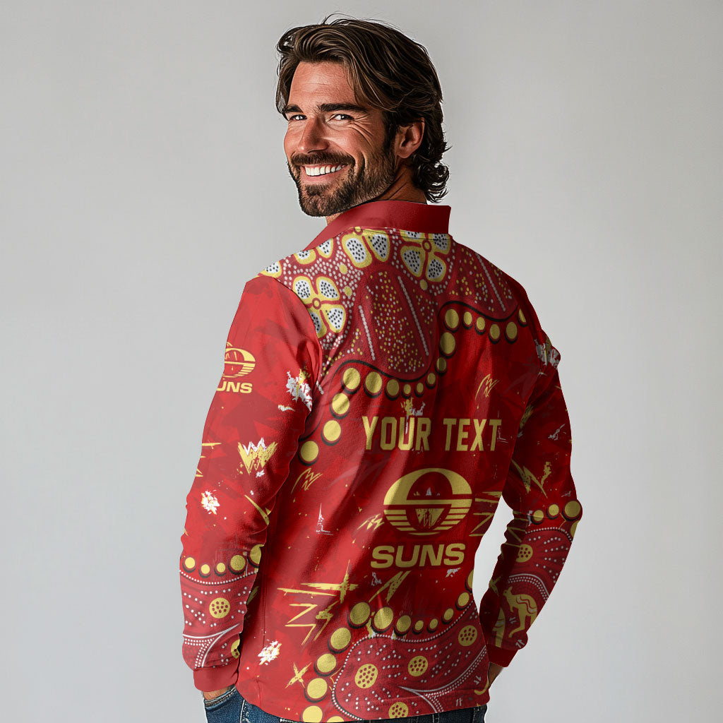 Personalized Gold Coast Suns Long Sleeve Polo Shirt Aboriginal Pattern with Graffiti Style