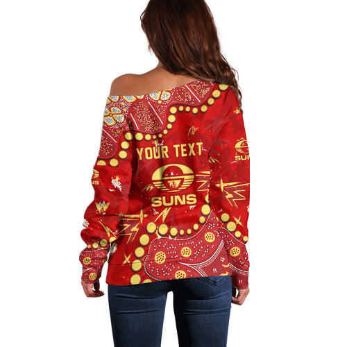 Personalized Gold Coast Suns Off Shoulder Sweater Aboriginal Pattern with Graffiti Style