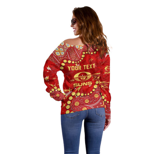 Personalized Gold Coast Suns Off Shoulder Sweater Aboriginal Pattern with Graffiti Style