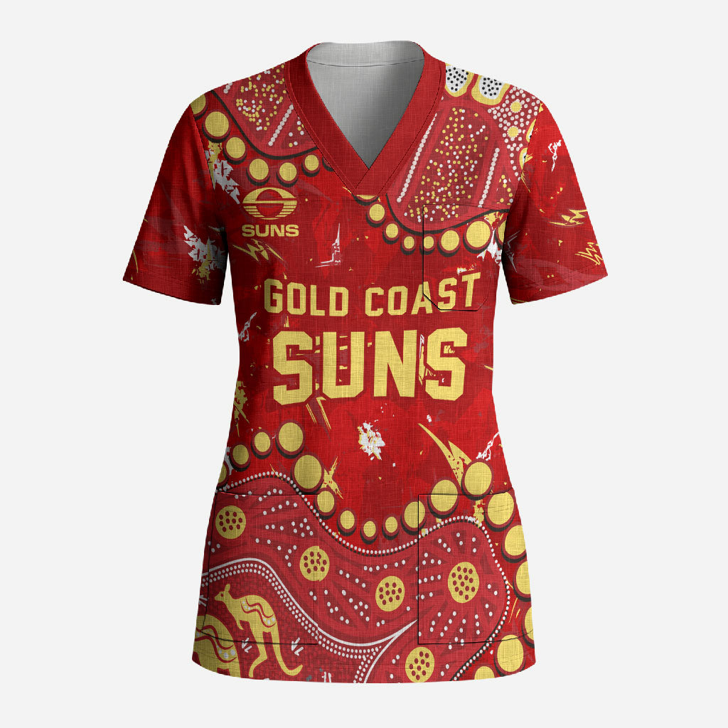 Personalized Gold Coast Suns Scrub Top Aboriginal Pattern with Graffiti Style