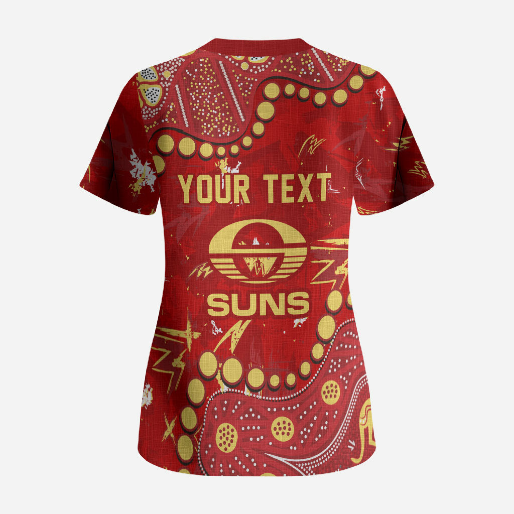 Personalized Gold Coast Suns Scrub Top Aboriginal Pattern with Graffiti Style