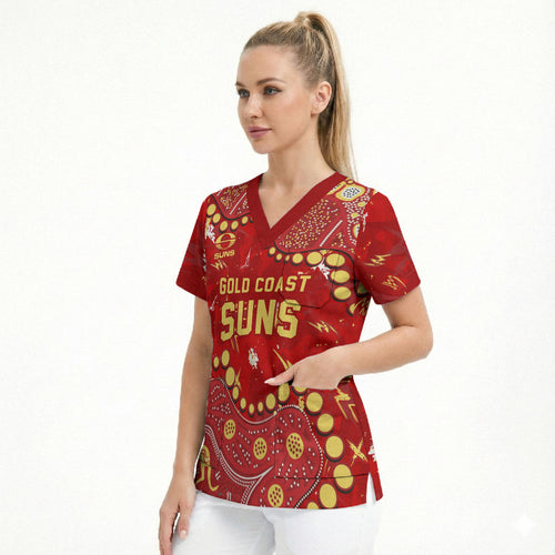 Personalized Gold Coast Suns Scrub Top Aboriginal Pattern with Graffiti Style