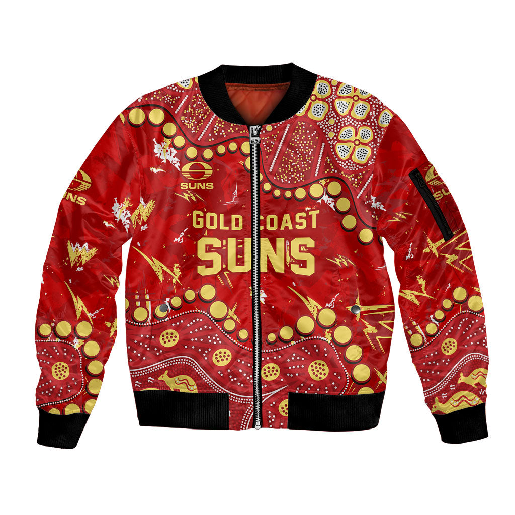 Personalized Gold Coast Suns Sleeve Zip Bomber Jacket Aboriginal Pattern with Graffiti Style