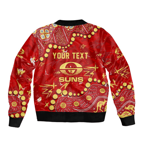 Personalized Gold Coast Suns Sleeve Zip Bomber Jacket Aboriginal Pattern with Graffiti Style