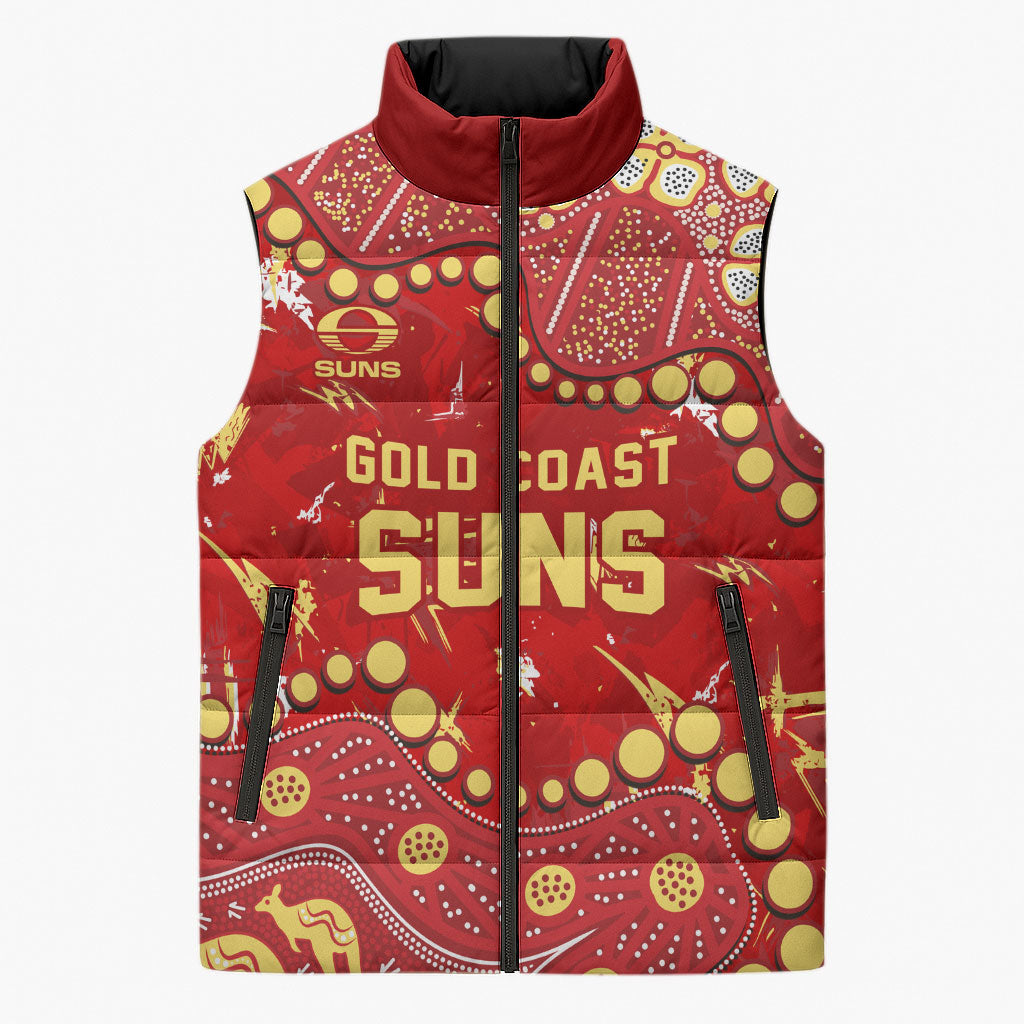 Personalized Gold Coast Suns Sleeveless Puffer Jacket Aboriginal Pattern with Graffiti Style