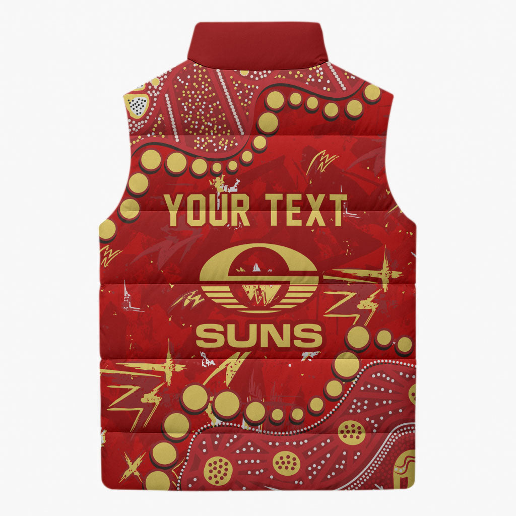 Personalized Gold Coast Suns Sleeveless Puffer Jacket Aboriginal Pattern with Graffiti Style