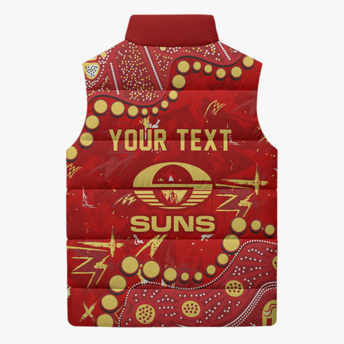 Personalized Gold Coast Suns Sleeveless Puffer Jacket Aboriginal Pattern with Graffiti Style