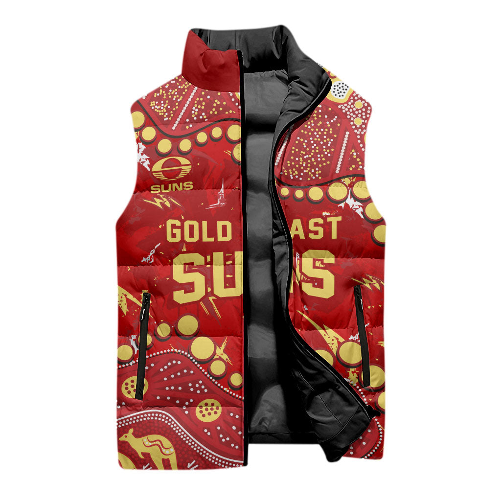 Personalized Gold Coast Suns Sleeveless Puffer Jacket Aboriginal Pattern with Graffiti Style