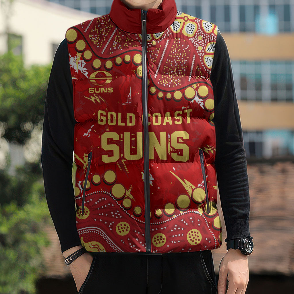 Personalized Gold Coast Suns Sleeveless Puffer Jacket Aboriginal Pattern with Graffiti Style