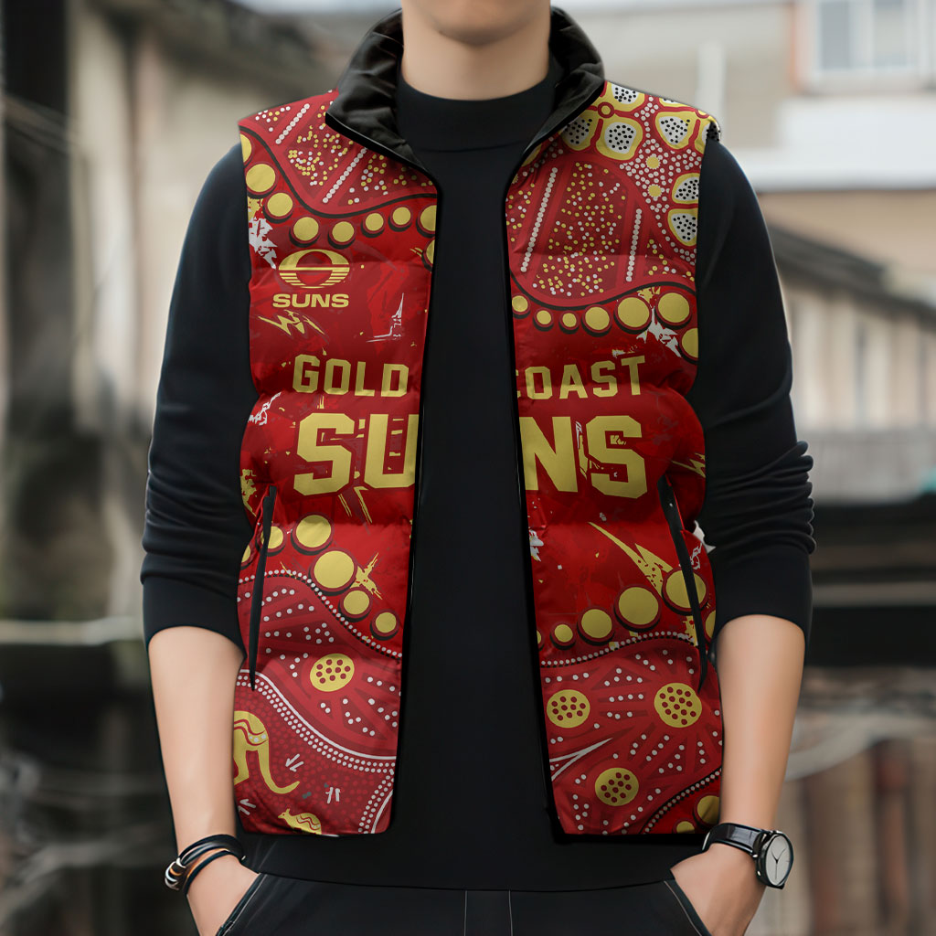 Personalized Gold Coast Suns Sleeveless Puffer Jacket Aboriginal Pattern with Graffiti Style