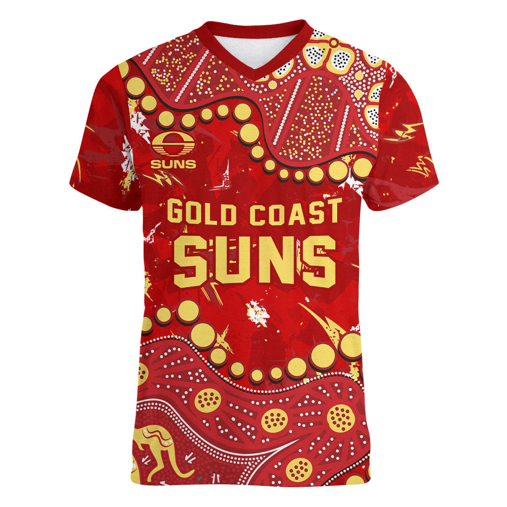 Personalized Gold Coast Suns Women V-Neck T-Shirt Aboriginal Pattern with Graffiti Style