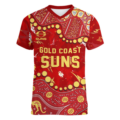 Personalized Gold Coast Suns Women V-Neck T-Shirt Aboriginal Pattern with Graffiti Style