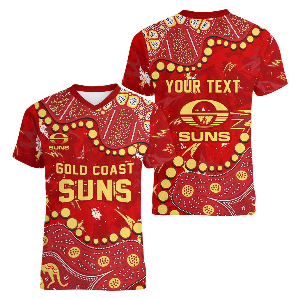Personalized Gold Coast Suns Women V-Neck T-Shirt Aboriginal Pattern with Graffiti Style
