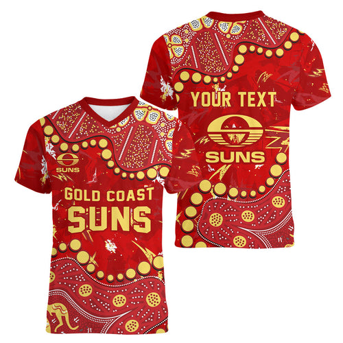 Personalized Gold Coast Suns Women V-Neck T-Shirt Aboriginal Pattern with Graffiti Style