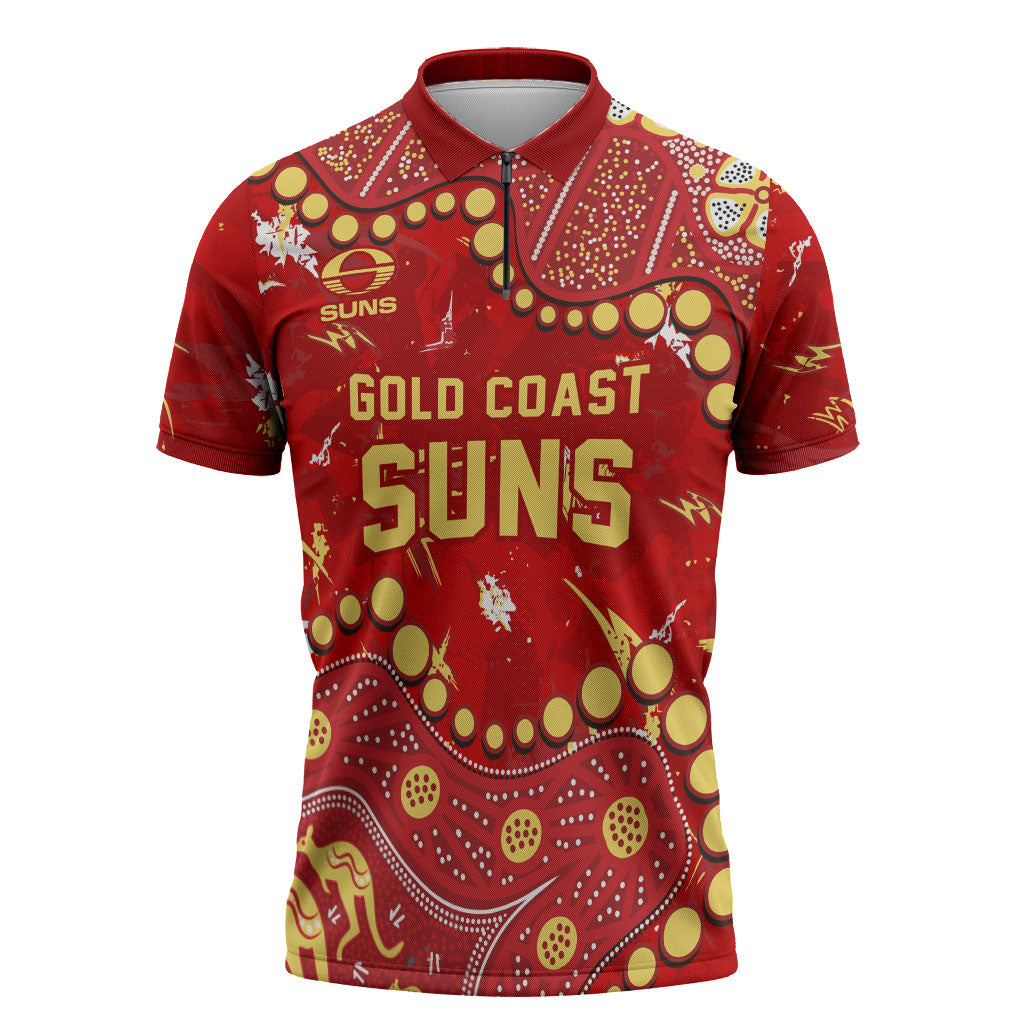Personalized Gold Coast Suns Zipper Polo Shirt Aboriginal Pattern with Graffiti Style