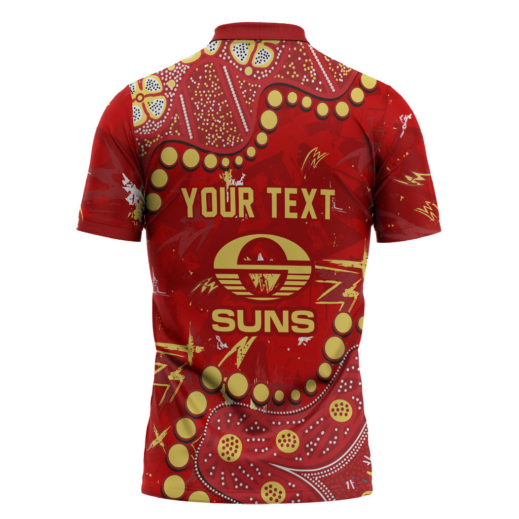 Personalized Gold Coast Suns Zipper Polo Shirt Aboriginal Pattern with Graffiti Style