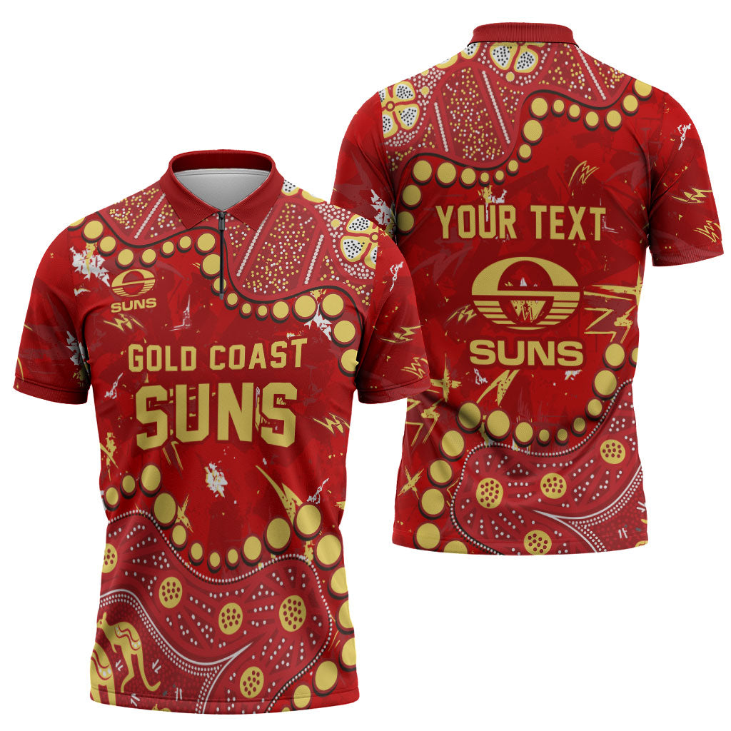 Personalized Gold Coast Suns Zipper Polo Shirt Aboriginal Pattern with Graffiti Style