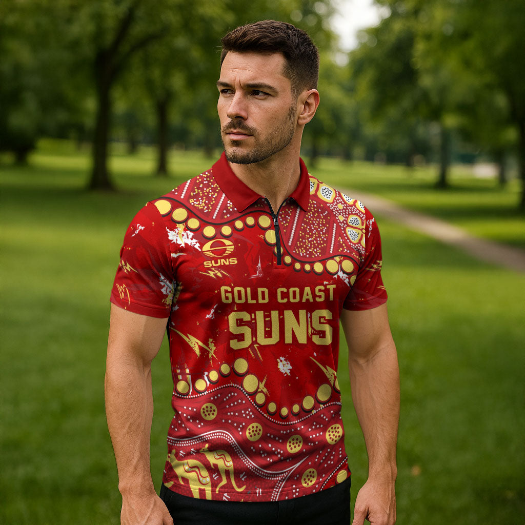 Personalized Gold Coast Suns Zipper Polo Shirt Aboriginal Pattern with Graffiti Style