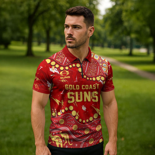 Personalized Gold Coast Suns Zipper Polo Shirt Aboriginal Pattern with Graffiti Style