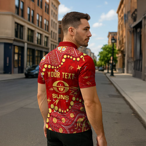 Personalized Gold Coast Suns Zipper Polo Shirt Aboriginal Pattern with Graffiti Style