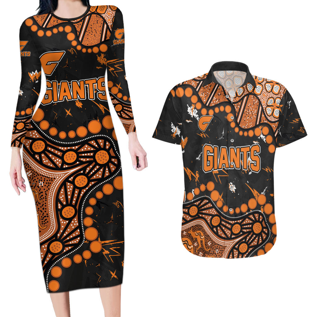 Personalized Greater Western Sydney Giants Couples Matching Long Sleeve Bodycon Dress and Hawaiian Shirt Aboriginal Pattern with Graffiti Style