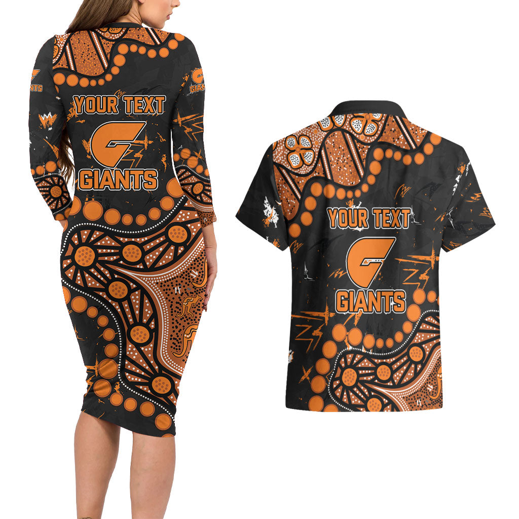 Personalized Greater Western Sydney Giants Couples Matching Long Sleeve Bodycon Dress and Hawaiian Shirt Aboriginal Pattern with Graffiti Style