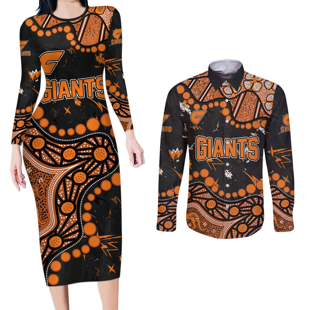 Personalized Greater Western Sydney Giants Couples Matching Long Sleeve Bodycon Dress and Long Sleeve Button Shirt Aboriginal Pattern with Graffiti Style