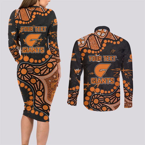 Personalized Greater Western Sydney Giants Couples Matching Long Sleeve Bodycon Dress and Long Sleeve Button Shirt Aboriginal Pattern with Graffiti Style