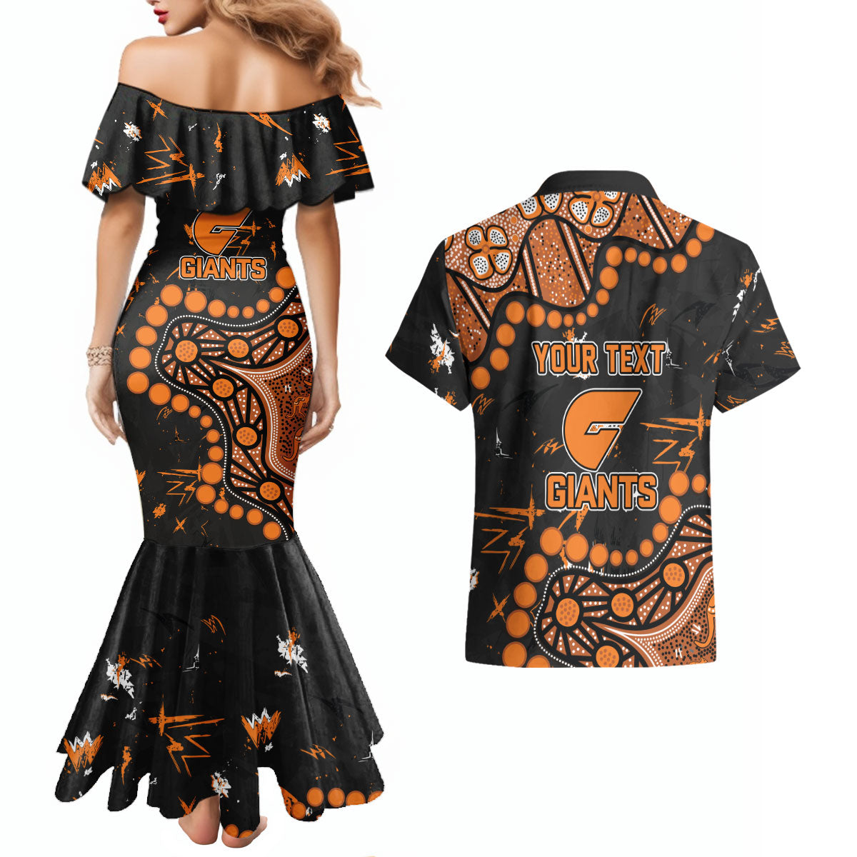 Personalized Greater Western Sydney Giants Couples Matching Mermaid Dress and Hawaiian Shirt Aboriginal Pattern with Graffiti Style