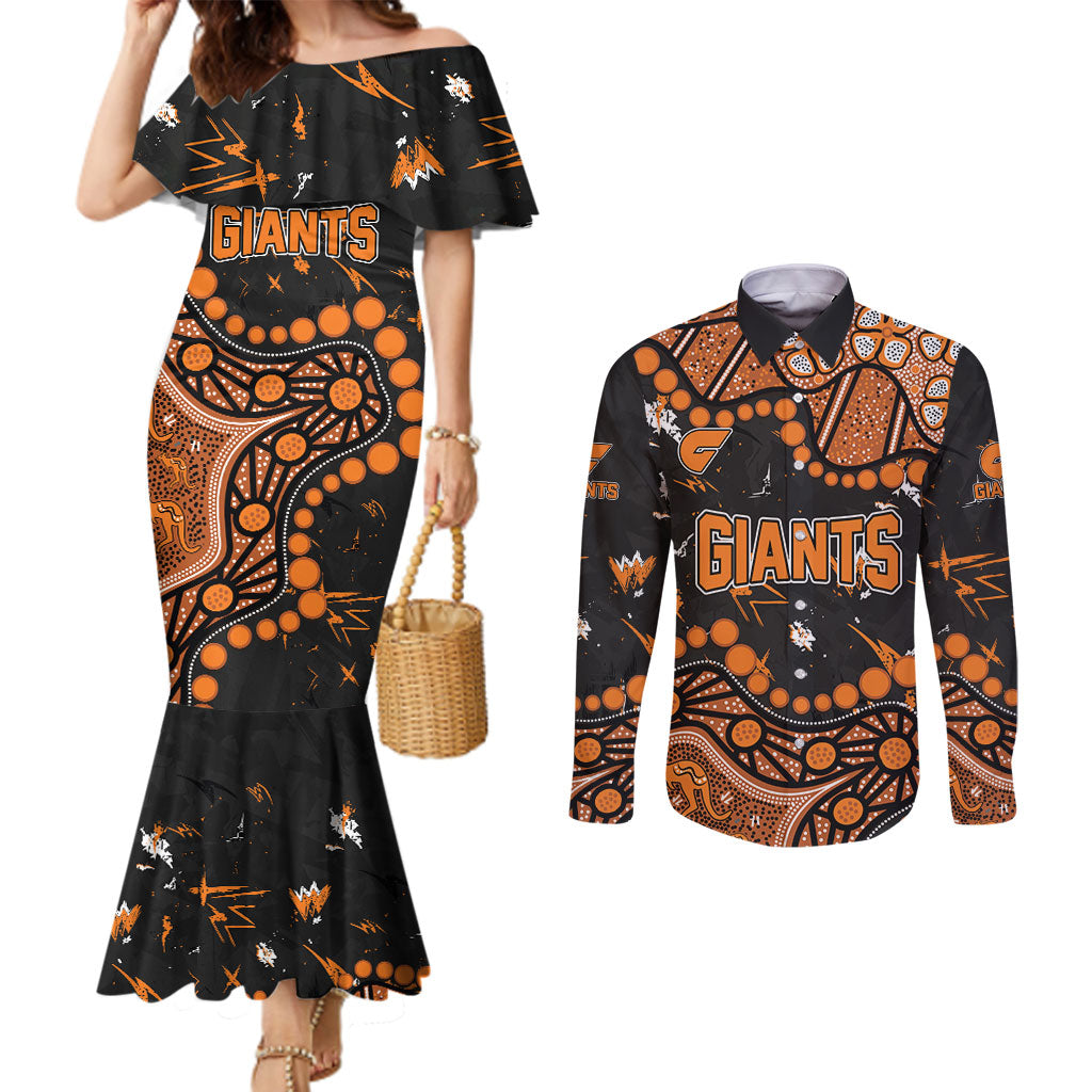 Personalized Greater Western Sydney Giants Couples Matching Mermaid Dress and Long Sleeve Button Shirt Aboriginal Pattern with Graffiti Style